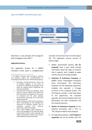 Nurturing Innovation: Venture Acceleration Networks


Figure 19: SMART’s 18-month project cycle




     Selection of                i-Teams                     Deshpande         MIT Enterprise       Form company
     project and                                             IdeaStream           Forum            (identification of
       principal                                                                                      VC and CEO)
     investigator                                  Mentoring by Catalysts                             or licence


                                                                     VC Networking




Selectivity is a key principle of the programs                     and does not last more than 4 months (Figure
both in Singapore and at MIT.47                                    20). The application process consists of
                                                                   several stages:
Application Process
                                                                   1. Widely disseminated general call for
                                                                      proposals twice a year, which provide
The application process for a SMART
                                                                      information about the types of research
Innovation Center grant is straightforward
                                                                      that it supports, who is eligible to apply
47
                                                                      and the amount of funding available.
   The SMART Innovation Center through its activities
and programs targets the commercialization of                      2. Collection of Preliminary Proposals, or
technology produced by its four interdisciplinary groups:
                                                                      SMART Center Technological Innovation
        Biosystems and Micromechanics, which aims
         to establish Singapore as the center of
                                                                      Grant Pre-Proposal. The Preliminary
         innovation for healthcare technologies of the                Proposals use the Deshpande application
         future by merging diverse engineering and
         bioscience disciplines.
                                                                      template and represent a 2-3-page
        Environmental Sensing and Modeling, which                    summary of the proposed project. The
         aspires to create a model of the natural and
                                                                      Pre-Proposal includes a brief description
         built environment of Singapore to be used as
         an invaluable tool for urban planning,                       of the opportunity, the proposed
         environmental forecasting and environment                    approach, the commercialization plan, the
         impact assessment.
        Infectious Diseases, which strives to develop a              deliverables, the team composition and
         better understanding of the pathogen-host                    the required resources.
         interactions of infectious diseases such as
         respiratory     syncytial    virus,    influenza,         3. Review of Preliminary Proposals by the
         tuberculosis, malaria and dengue.
        Future Urban Mobility, which endeavors to                    Selection Committee, with a “Yes” or
         crate a new paradigm for the planning, design                “No” decision made for each proposal.
         and operation of future urban passenger and
         freight transportation systems that enhance               4. For approved proposals, a Full Proposal is
         sustainability and societal well-being.
                                                                      requested and can be drafted with the

                                                                                                            98
 