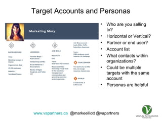 www.vapartners.ca @markeelliott @vapartners
Target Accounts and Personas
• Who are you selling
to?
• Horizontal or Vertical?
• Partner or end user?
• Account list
• What contacts within
organizations?
• Could be multiple
targets with the same
account
• Personas are helpful
 