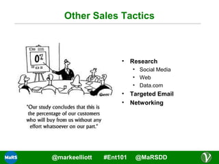 Other Sales Tactics

• Research
• Social Media
• Web
• Data.com

• Targeted Email
• Networking

@markeelliott

#Ent101

@MaRSDD

 