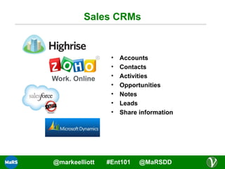 Sales CRMs

•
•
•
•
•
•
•

@markeelliott

Accounts
Contacts
Activities
Opportunities
Notes
Leads
Share information

#Ent101

@MaRSDD

 