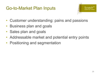 Go-to-Market Plan Inputs

•   Customer understanding: pains and passions
•   Business plan and goals
•   Sales plan and goals
•   Addressable market and potential entry points
•   Positioning and segmentation




                                                    28
 