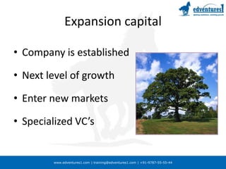 Expansion capitalCompany is establishedNext level of growthEnter new marketsSpecialized VC’s 
