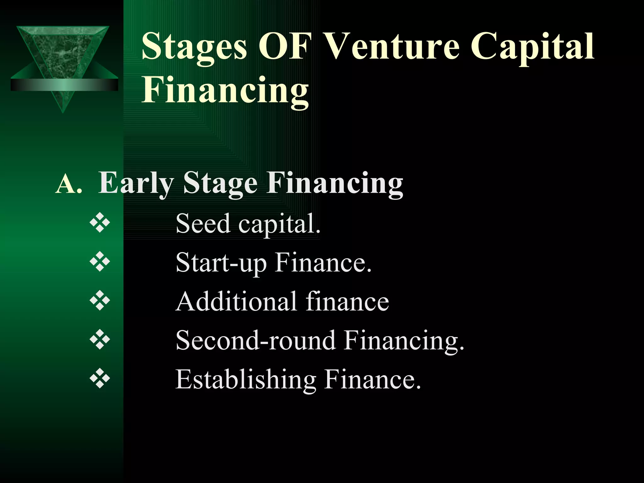 Stages OF Venture Capital Financing Early Stage Financing Seed capital. Start-up Finance. Additional finance Second-round Financing. Establishing Finance. 