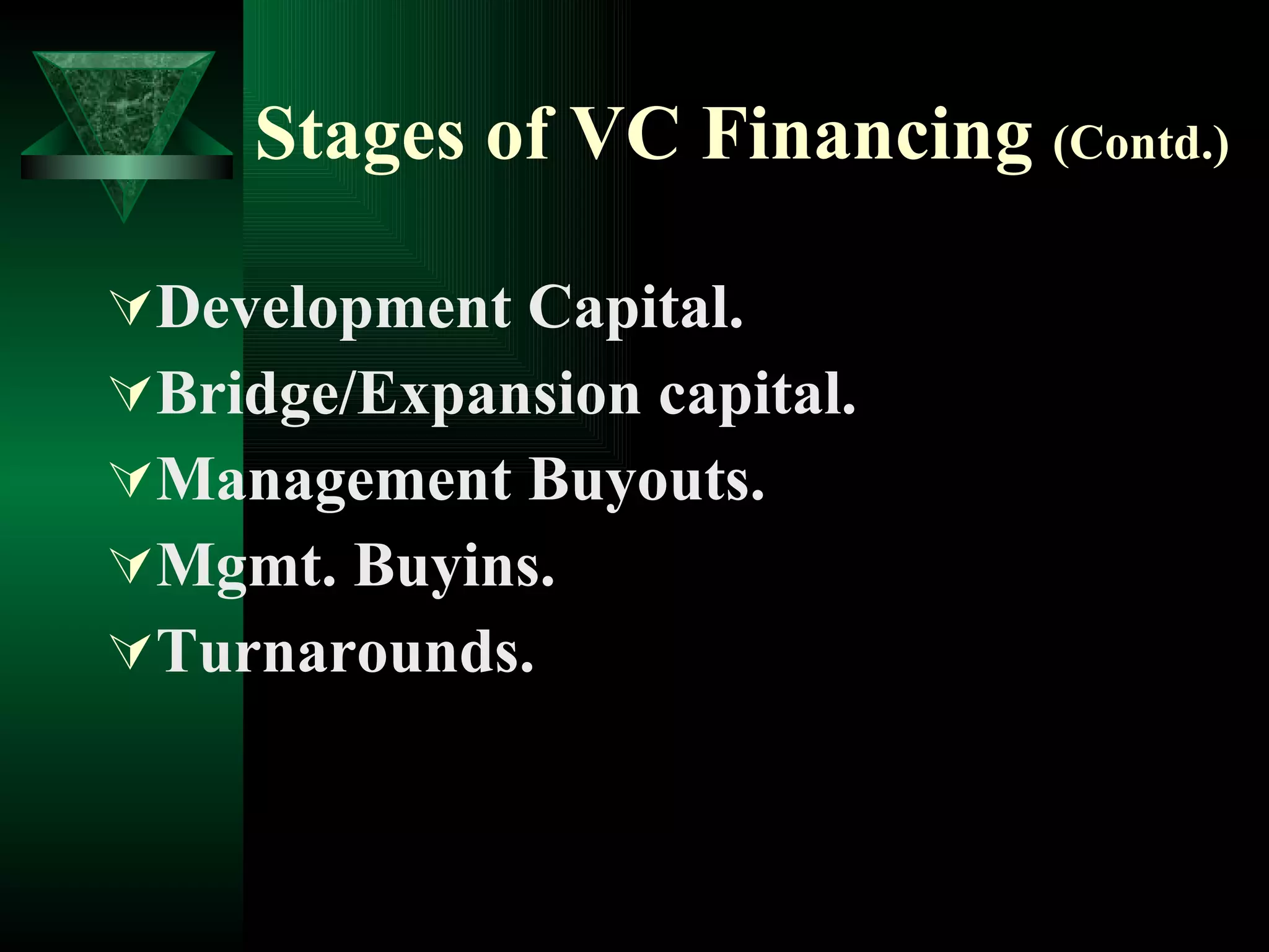 Stages of VC Financing  (Contd.) Development Capital. Bridge/Expansion capital. Management Buyouts. Mgmt. Buyins. Turnarounds. 