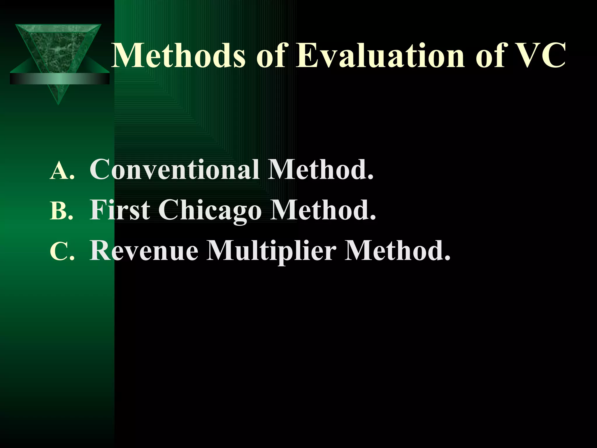 Methods of Evaluation of VC Conventional Method. First Chicago Method. Revenue Multiplier Method. 