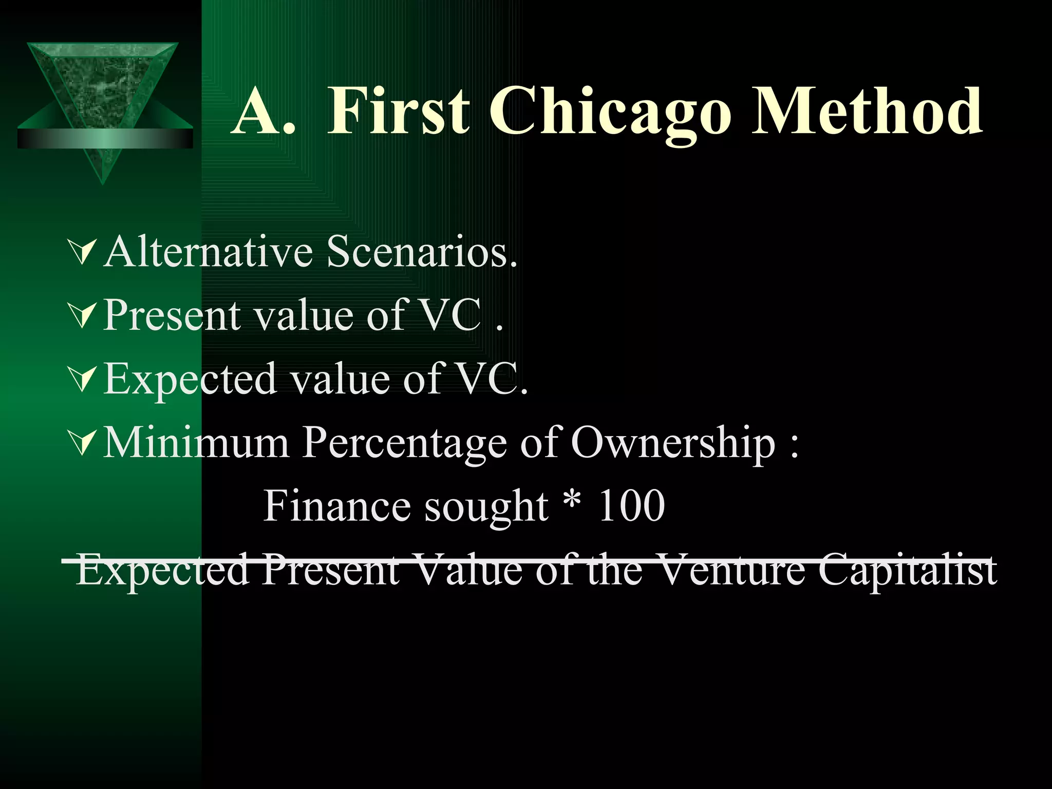 First Chicago Method Alternative Scenarios. Present value of VC . Expected value of VC. Minimum Percentage of Ownership : Finance sought * 100 Expected Present Value of the Venture Capitalist 