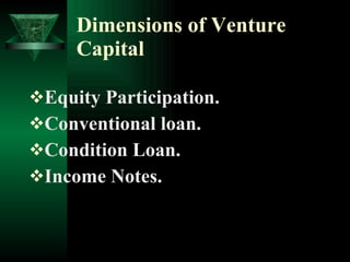 Dimensions of Venture Capital Equity Participation. Conventional loan. Condition Loan. Income Notes. 