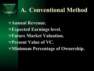 Conventional Method Annual Revenue. Expected Earnings level. Future Market Valuation. Present Value of VC. Minimum Percentage of Ownership. 