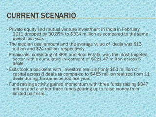 CURRENT SCENARIO
- Private equity and mutual venture investment in India in February
    2011 dropped by 30.85% to $334 million as compared to the same
    period last year.
- The median deal amount and the average value of deals was $13
    million and $24 million, respectively.
- Financials, consisting of BFSI and Real Estate, was the most targeted
    sector with a cumulative investment of $221.47 million across 5
    deals.
- Exits took a backseat with investors realizing only $53 million of
    capital across 8 deals as compared to $485 million realized from 11
    deals during the same period last year.
- Fund raising activity gained momentum with three funds raising $347
    million and another three funds gearing up to raise money from
    limited partners.
 