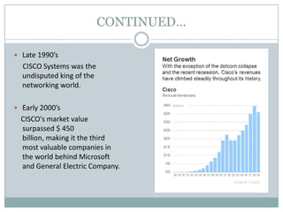 CONTINUED…
 Late 1990’s
CISCO Systems was the
undisputed king of the
networking world.
 Early 2000’s
CISCO's market value
surpassed $ 450
billion, making it the third
most valuable companies in
the world behind Microsoft
and General Electric Company.
 