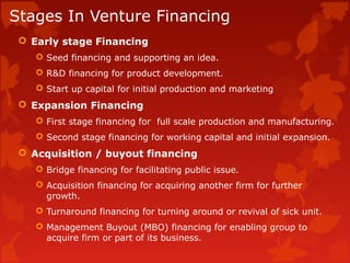 Stages In Venture Financing
 Early stage Financing
 Seed financing and supporting an idea.
 R&D financing for product development.
 Start up capital for initial production and marketing
 Expansion Financing
 First stage financing for full scale production and manufacturing.
 Second stage financing for working capital and initial expansion.
 Acquisition / buyout financing
 Bridge financing for facilitating public issue.
 Acquisition financing for acquiring another firm for further
growth.
 Turnaround financing for turning around or revival of sick unit.
 Management Buyout (MBO) financing for enabling group to
acquire firm or part of its business.
 