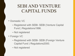 SEBI AND VENTURE
CAPITAL FUNDS
• Domestic VC
– Registered with SEBI- SEBI (Venture Capital
Fund ) Regulations1996.
– Not registered
• Foreign VC
– Registered with SEBI- SEBI (Foreign Venture
Capital Fund ) Regulations2000.
– Not registered
27
 