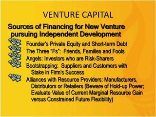 VENTURE CAPITAL
Sources of Financing for New Venture
pursuing Independent Development
Founder’s Private Equity and Short-term Debt
The Three “Fs”: Friends, Families and Fools
Angels: Investors who are Risk-Sharers
Bootstrapping: Suppliers and Customers with
Stake in Firm’s Success
Alliances with Resource Providers: Manufacturers,
Distributors or Retailers (Beware of Hold-up Power;
Evaluate Value of Current Marginal Resource Gain
versus Constrained Future Flexibility)
 