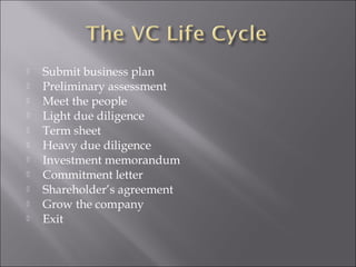  Submit business plan
 Preliminary assessment
 Meet the people
 Light due diligence
 Term sheet
 Heavy due diligence
 Investment memorandum
 Commitment letter
 Shareholder’s agreement
 Grow the company
 Exit
 