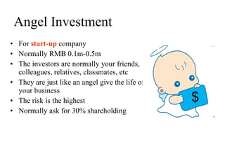 Angel Investment For   start-up  company Normally RMB 0.1m-0.5m The investors are normally your friends, colleagues, relatives, classmates, etc They are just like an angel give the life of your business The risk is the highest Normally ask for 30% shareholding $ 