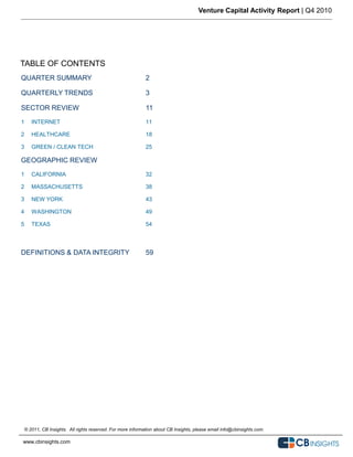 Venture Capital Activity Report | Q4 2010




TABLE OF CONTENTS
QUARTER SUMMARY                                               2

QUARTERLY TRENDS                                              3

SECTOR REVIEW                                                 11
1      INTERNET                                               11

2      HEALTHCARE                                             18

3      GREEN / CLEAN TECH                                     25

GEOGRAPHIC REVIEW
1      CALIFORNIA                                             32

2      MASSACHUSETTS                                          38

3      NEW YORK                                               43

4      WASHINGTON                                             49

5      TEXAS                                                  54



DEFINITIONS & DATA INTEGRITY                                  59




    © 2011, CB Insights. All rights reserved. For more information about CB Insights, please email info@cbinsights.com.

www.cbinsights.com
 