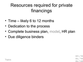 Resources required for private financings Time – likely 6 to 12 months Dedication to the process Complete business plan,  model , HR plan Due diligence binders 