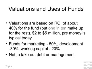 Valuations and Uses of Funds Valuations are based on ROI of about 40% for the fund (but  one in ten  make up for the rest). $2 to $5 million, pre money is typical today Funds for marketing - 50%, development -30%, working capital - 20% Not to take out debt or management 