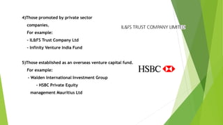 4)Those promoted by private sector
companies.
For example:
- IL&FS Trust Company Ltd
- Infinity Venture India Fund
5)Those established as an overseas venture capital fund.
For example:
- Walden International Investment Group
- HSBC Private Equity
management Mauritius Ltd
 