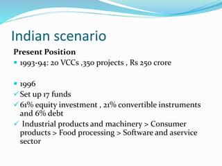 Indian scenario
Present Position
 1993-94: 20 VCCs ,350 projects , Rs 250 crore
 1996
Set up 17 funds
61% equity investment , 21% convertible instruments
and 6% debt
 Industrial products and machinery > Consumer
products > Food processing > Software and aservice
sector
 