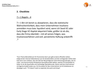 LAI White Paper
Finance & Business Series, Nr. 1



                           2. Checkliste

                           7 + 1 Regeln - 4

                           7 + 1 Bin ich bereit zu akzeptieren, dass die statistische
                           Wahrscheinlichkeit, dass mein Unternehmen Insolvenz
                           anmelden muss bzw. liquidiert wird, wenn ich Seed-VC oder
                           Early Stage VC-Kapital akquiriert habe, größer ist als die,
                           dass die Firma überlebt – mit all seinen Folgen, was
                           Insolvenzverfahren und evtl. persönliche Haftung anbetrifft
                           .*




                           *Zum Thema Mortalität von VC-finanzierten Start-up’s gibt es keine offiziellen Zahlen.
                           Aufgrund der internen Kalkulationen von VC-Gesellschaften und den vorliegenden Zahlen über
                           Exits kann man schätzen, dass die Zahl der Misserfolge bei Unternehmensgründungen, die ein
                           risiko- und chancenreiches Hockeystick-Geschäftsmodell wählen, welches VC kompatibel ist,
                           höher ist als die dauerhafte und nachhaltige Überlebensrate. Dieses sieht bei Unternehmen
                           mit Agenturmodell anders aus. Ein Grundsatz für Neu-Unternehmer mit VC-Ambitionen ist        42
                           deswegen auch: “If it doesn‘t work as expected, die quick and cheap“.
 
