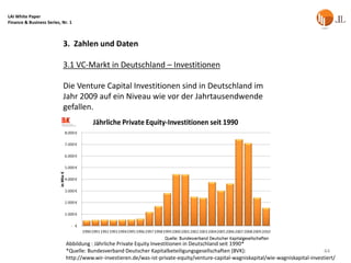 LAI White Paper
Finance & Business Series, Nr. 1



                           3. Zahlen und Daten

                           3.1 VC-Markt in Deutschland – Investitionen

                           Die Venture Capital Investitionen sind in Deutschland im
                           Jahr 2009 auf ein Niveau wie vor der Jahrtausendwende
                           gefallen.




                             Abbildung : Jährliche Private Equity Investitionen in Deutschland seit 1990*
                             *Quelle: Bundesverband Deutscher Kapitalbeteiligungsgesellschaften (BVK):                                  44
                             http://www.wir-investieren.de/was-ist-private-equity/venture-capital-wagniskapital/wie-wagniskapital-investiert/
 