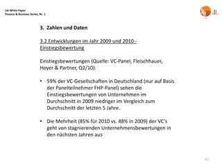 LAI White Paper
Finance & Business Series, Nr. 1



                           3. Zahlen und Daten

                           3.2 Entwicklungen im Jahr 2009 und 2010 -
                           Einstiegsbewertung

                           Einstiegsbewertungen (Quelle: VC-Panel, Fleischhauer,
                           Hoyer & Partner, Q2/10):

                           • 59% der VC-Gesellschaften in Deutschland (nur auf Basis
                             der Panelteilnehmer FHP-Panel) sehen die
                             Einstiegsbewertungen von Unternehmen im
                             Durchschnitt in 2009 niedriger im Vergleich zum
                             Durchschnitt der letzten 5 Jahre.

                           • Die Mehrheit (85% für 2010 vs. 48% in 2009) der VC’s
                             geht von stagnierenden Unternehmensbewertungen in
                             den nächsten Jahren aus



                                                                                       67
 