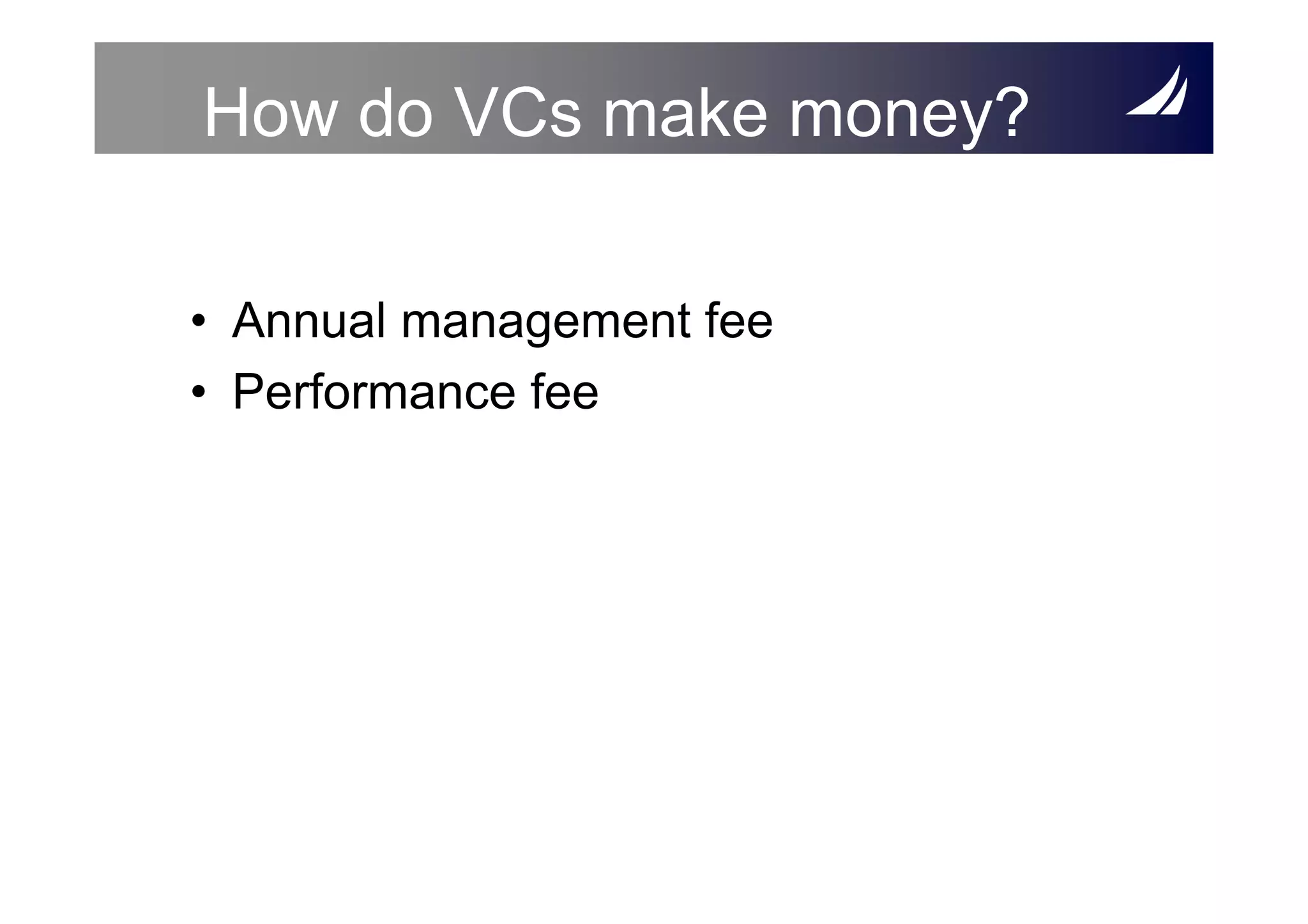 How do VCs make money?

• Annual management fee
• Performance fee
 