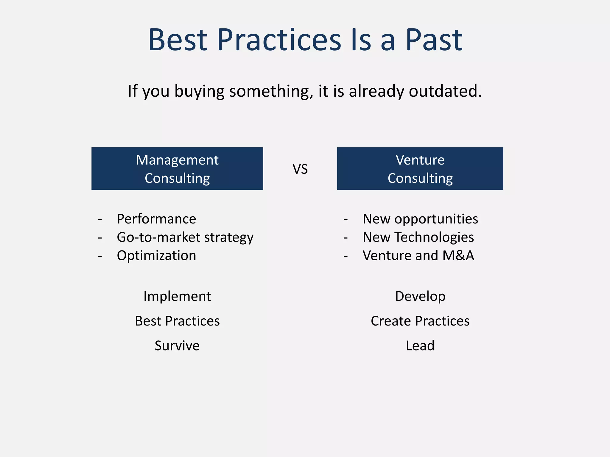 Survive Vs Lead
Management
Consulting
Vs
Venture
Consulting
• Performance
• Optimization
• Expansion
• Competition
• Opportunity search
• Future visualization
• Development plan
• Implementation
Best Practices Future
Implement Develop
M&A Investment
Management Consulting always advise to Innovate.
Venture Consulting makes innovation happened.
 