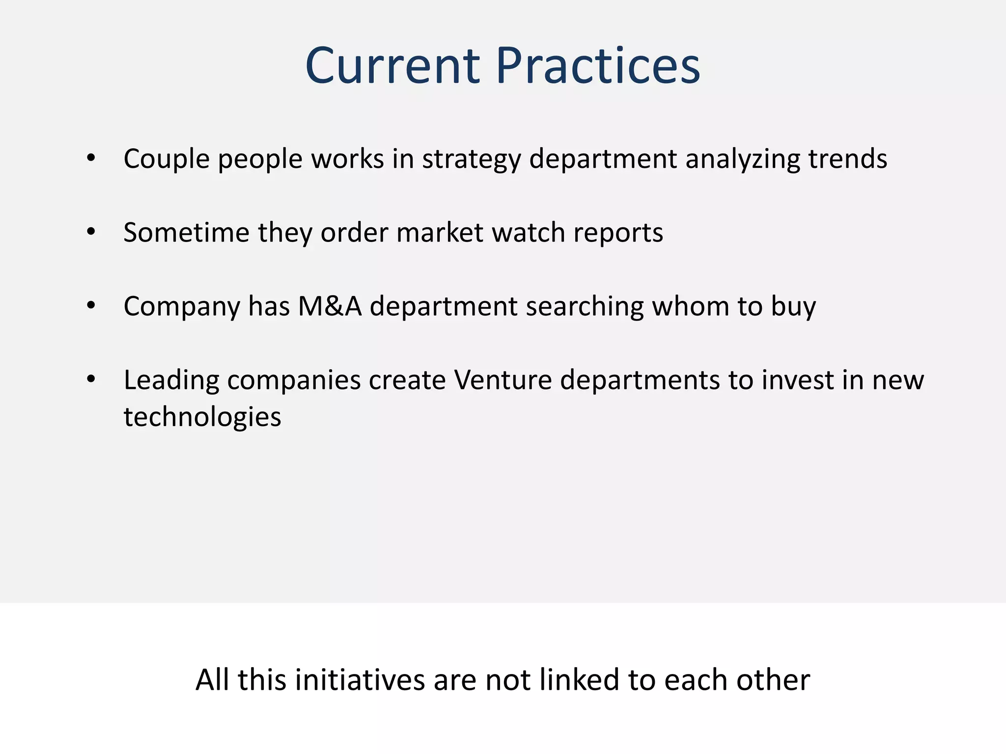 Creating Future
Think Create Promote
• Set up a goal
• Brain storm
• Visualize
• Prototype
• Probe
• Develop
• Inspire
• Implement
• Upgrade
Standard process
All this functions could be outsourced to the professionals
 