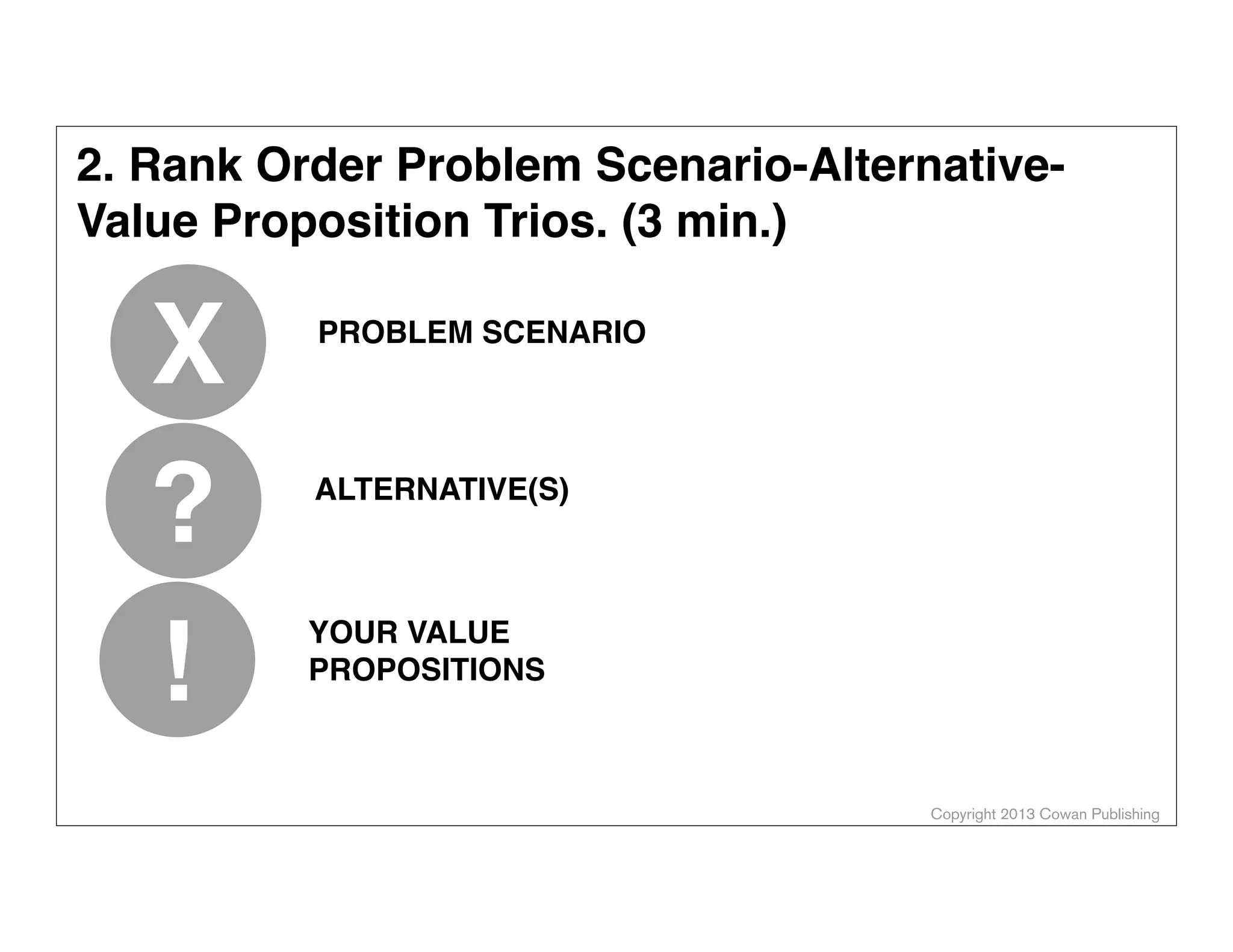 Copyright 2014 Cowan Publishing
SEGMENT TO VALUE PROPOSITION MAPPING
This work is licensed under the Creative Commons Attribution-Share Alike 3.0 Unported License. To view a copy of this license, visit http://
creativecommons.org/licenses/by-sa/3.0/ or send a letter to Creative Commons, 171 Second Street, Suite 300, San Francisco, California, 94105, USA.The templates here are made available on the same CC license terms as the original canvas.
Cost_1
Cost_2
Cost_3
Partner_1
Partner_2
Partner_3
Activity_1
Activity_2
Activity_3
Resource_1
Resource_2
Resource_3
Revenue_1
Revenue_2
Revenue_3
Relationship_1
Relationship_2
Relationship_3
Channel_1
Channel_2
Channel_3
Proposition_1
Proposition_2
Proposition_3
Segment_1
Segment_2
Segment_3
ALEX COWAN
AlexanderCowan.com
@cowanSF
 