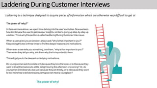 Laddering During Customer Interviews
Laddering is a technique designed to acquire pieces of information which are otherwise very difficult to get at
 