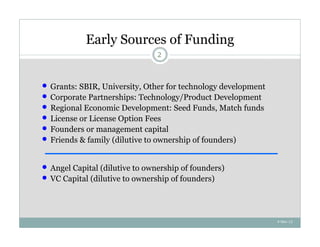 Early Sources of Funding
                                  2



   Grants: SBIR, University, Other for technology development
   Corporate Partnerships: Technology/Product Development
   Regional Economic Development: Seed Funds, Match funds
   License or License Option Fees
   Founders or management capital
   Friends & family (dilutive to ownership of founders)


   Angel Capital (dilutive to ownership of founders)
   VC Capital (dilutive to ownership of founders)




                                                                 4-Nov-12
 