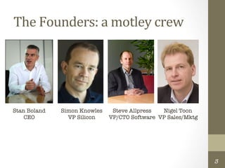 The	
  Founders:	
  a	
  motley	
  crew	
  




Stan Boland
   Simon Knowles
  Steve Allpress
  Nigel Toon
    CEO
         VP Silicon
  VP/CTO Software
 VP Sales/Mktg




                                                                3
 