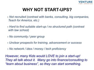WHY NOT START-UPS?
› Not recruited (contrast with banks, consulting, big companies,
Teach for America, etc.)
› No community / peer group
› No network / idea / money / tech proficiency
› Hard to find suitable start-up / no structured path (contrast
with law school)
› Unclear prospects for training, advancement or success
However, many Kids would LOVE to join a start-up!
They all talk about it. Many go into finance/consulting to
“learn about business”, so they can start something.
 