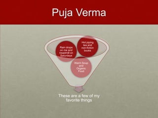 Puja Verma

                    Hot piping
                     tea and
  Rain drops        non-fiction
  on me and           books
 treadmill on
  Saturdays

                Warm Soup
                   and
                 Organic
                  Food




 These are a few of my
    favorite things
 