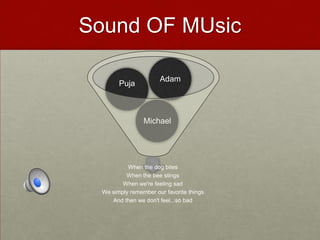 Sound OF MUsic

                       Adam
        Puja



                 Michael




           When the dog bites
          When the bee stings
         When we're feeling sad
  We simply remember our favorite things
     And then we don't feel...so bad
 