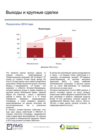 В СОТРУДНИЧЕСТВЕ С
Выходы и крупные сделки
11
Результаты 2014 года
Источник: RMG partners
Что касается прочих крупных сделок, то
следует отметить инвестирование в
“Инвестиционную компанию “Ай Ти Инвест” (IT
Invest) со стороны Private Equity фонда Da
Vinci II. В ходе сделки часть пакета акций была
выкуплена у Инвестиционной Группы «Русские
Фонды» и менеджмента. «IT Invest» - это
компания в области Интернет-брокериджа,
которая уверенно входит в тройку лидеров на
срочном рынке Московской биржи, средний
оборот его клиентов – около 1 триллиона
рублей в месяц. Da Vinci II и IT Invest
собираются развивать международную
платформу, а также создавать продукты,
ориентированные на разные категории как
институциональных, так и розничных
клиентов.
В области онлайн-торговли событием стал
еще один раунд инвестиций в Wikimart со
стороны Анатолия Гончарова, председателя
совета директоров Финпромбанка. По данным
источников в объединенной компании, оборот
в 2015 году должен составить $500 млн.
В целом все крупнейшие сделки укладываются
в тренд – на поздние этапы инвестиций и к
«выходу» по-прежнему выходят ИТ-сервисы
ориентированные на крупные массовые
аудитории (B2C), и среди наиболее
запомнившихся «выходов» и крупных сделок
нет ни чисто B2С-компаний, ни компаний,
заточенных на узкие ниши.
Согласно методологии отчета RMG partners, в
расчет итоговых сделок не могут входить
инвестиции любого формата суммой более 100
млн долларов в проекты, имеющие выручку
более 10 млн долларов, поэтому сделки по
приобретению Delivery Club, Auto.ru, Ozon.ru,
VK.com и ряда других игроков остались за
пределами данного отчета.
419 668
233
222
0
200
400
600
800
1000
2013 2014
Инвестиции
Базовый рынок Выходы
$ млн.
 