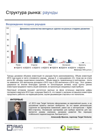 В СОТРУДНИЧЕСТВЕ С
Структура рынка: раунды
25
Возрождение поздних раундов
Seed
A
B
C+
Exit
Тренды динамики объемов инвестиций по раундам были разнонаправлены. Объем инвестиций
2014 года вырос в части «посевного» раунда, раунда А и «расширения» (С), тогда как на этапе
роста (В) объемы существенно снизились. Объем средств, привлеченных в exit-сделках, почти
не изменился: 223 миллионов долларов в 2013 году и 222 миллионов в 2014 году. Этот уровень
удержался во многом благодаря сделкам по консолидации активов, когда группы ранних
инвесторов продавали пакеты акций компаний, не приносящих ожидаемых норм прибыли.
Некоторый оптимизм внушают достаточно крупные на фоне остальных кварталов цифры
последнего квартала 2014 года в раундах Seed и А, что говорит о желании оставшихся инвесторов
продолжить работать на падающем рынке, скупая дешевеющие стартапы и их технологии.
Source: RMG
0
20
40
60
80
100
120
Посев Стартап Рост Экспансия Зрелость
1Q2013 2Q2013 3Q2013 4Q2013 1Q2014 2Q2014 3Q2014 4Q2014
Источник: RMG partners
Динамика количества венчурных сделок на разных стадиях развития
«C 2013 года Target Ventures сфокусирован на европейский рынок, а на
российские проекты смотрит выборочно. За это время региональная
стратегия не претерпела изменений, равно как и секторальная – digital
B2С-стартапы. Основными критериями для выбора проектов для нас
являются размер компании, динамика развития без периодов
стабильного падения выручки, быстрый рост».
Александр Фролов, партнер Target Ventures
ИНТЕРВЬЮ
 