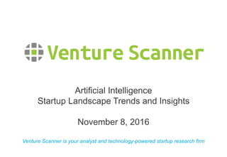 Venture Scanner is your analyst and technology-powered startup research firm
Artificial Intelligence
Startup Landscape Trends and Insights
November 8, 2016
 