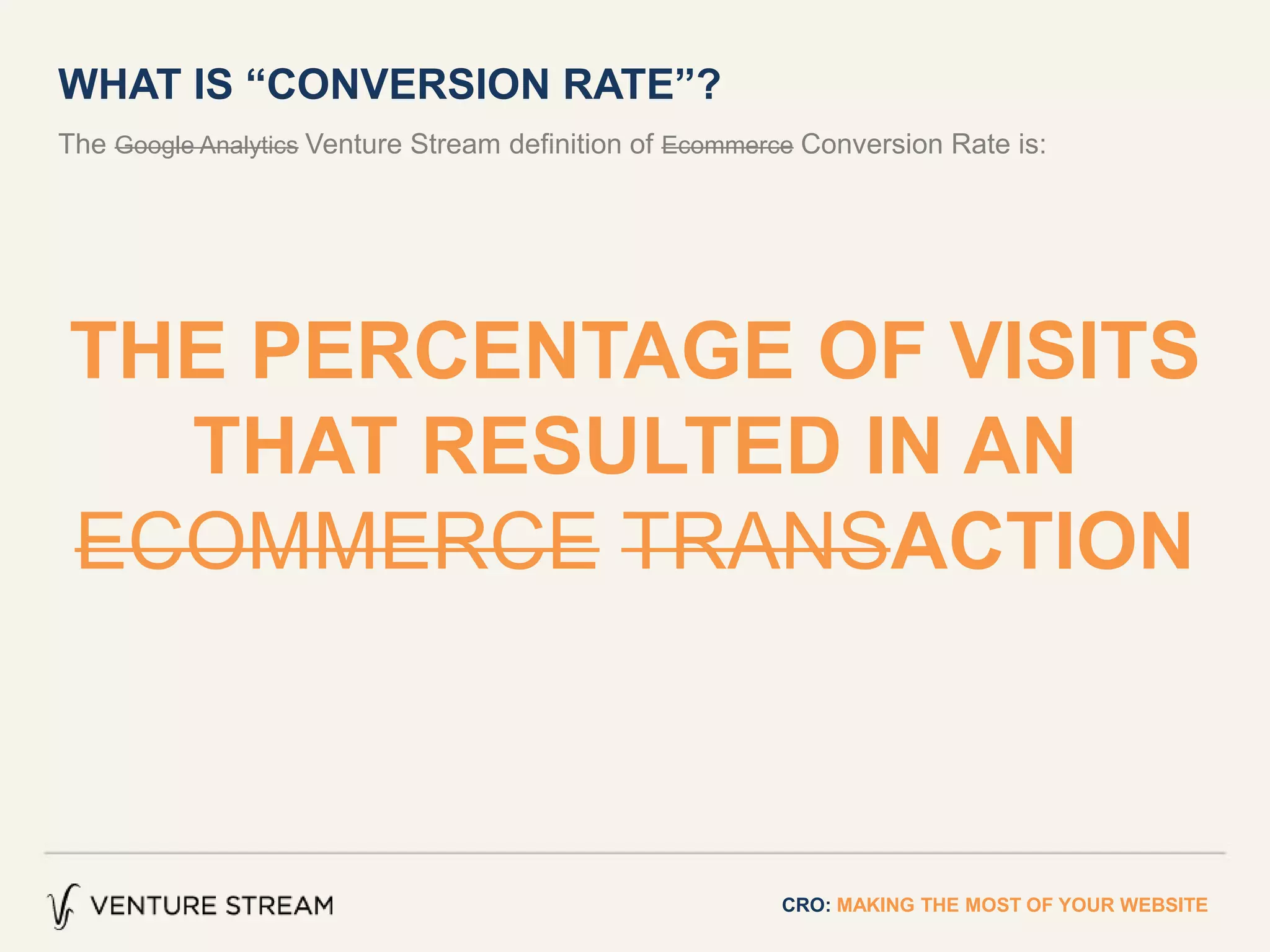 The Google Analytics Venture Stream definition of Ecommerce Conversion Rate is:
WHAT IS “CONVERSION RATE”?
THE PERCENTAGE OF VISITS
THAT RESULTED IN AN
ECOMMERCE TRANSACTION
CRO: MAKING THE MOST OF YOUR WEBSITE
 