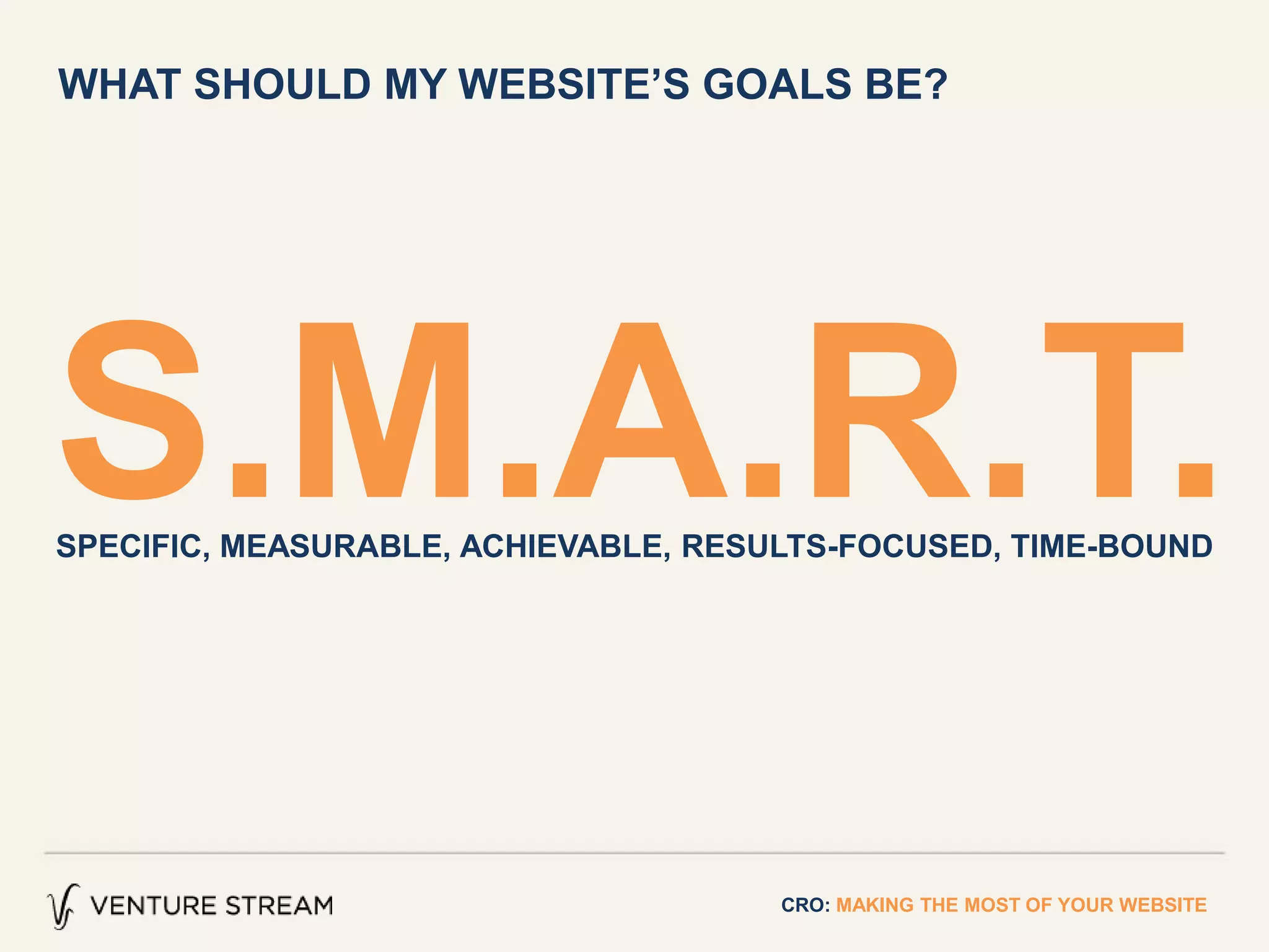 WHAT SHOULD MY WEBSITE’S GOALS BE?
S.M.A.R.T.SPECIFIC, MEASURABLE, ACHIEVABLE, RESULTS-FOCUSED, TIME-BOUND
CRO: MAKING THE MOST OF YOUR WEBSITE
 