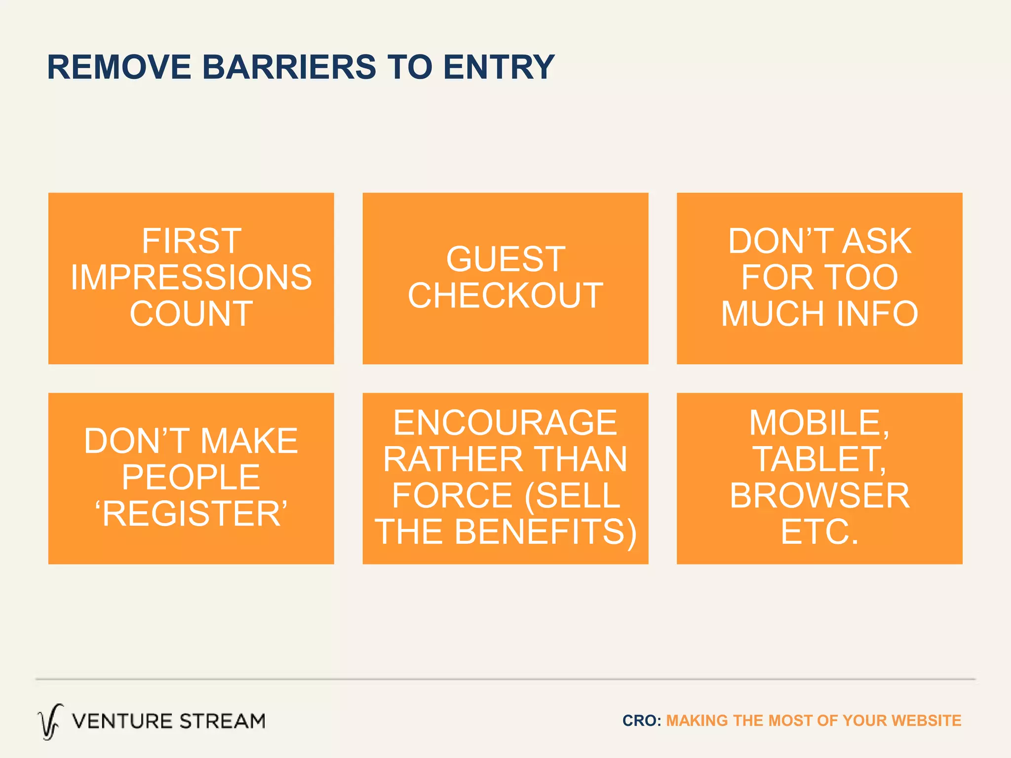 REMOVE BARRIERS TO ENTRY
CRO: MAKING THE MOST OF YOUR WEBSITE
FIRST
IMPRESSIONS
COUNT
GUEST
CHECKOUT
DON’T ASK
FOR TOO
MUCH INFO
DON’T MAKE
PEOPLE
‘REGISTER’
ENCOURAGE
RATHER THAN
FORCE (SELL
THE BENEFITS)
MOBILE,
TABLET,
BROWSER
ETC.
 
