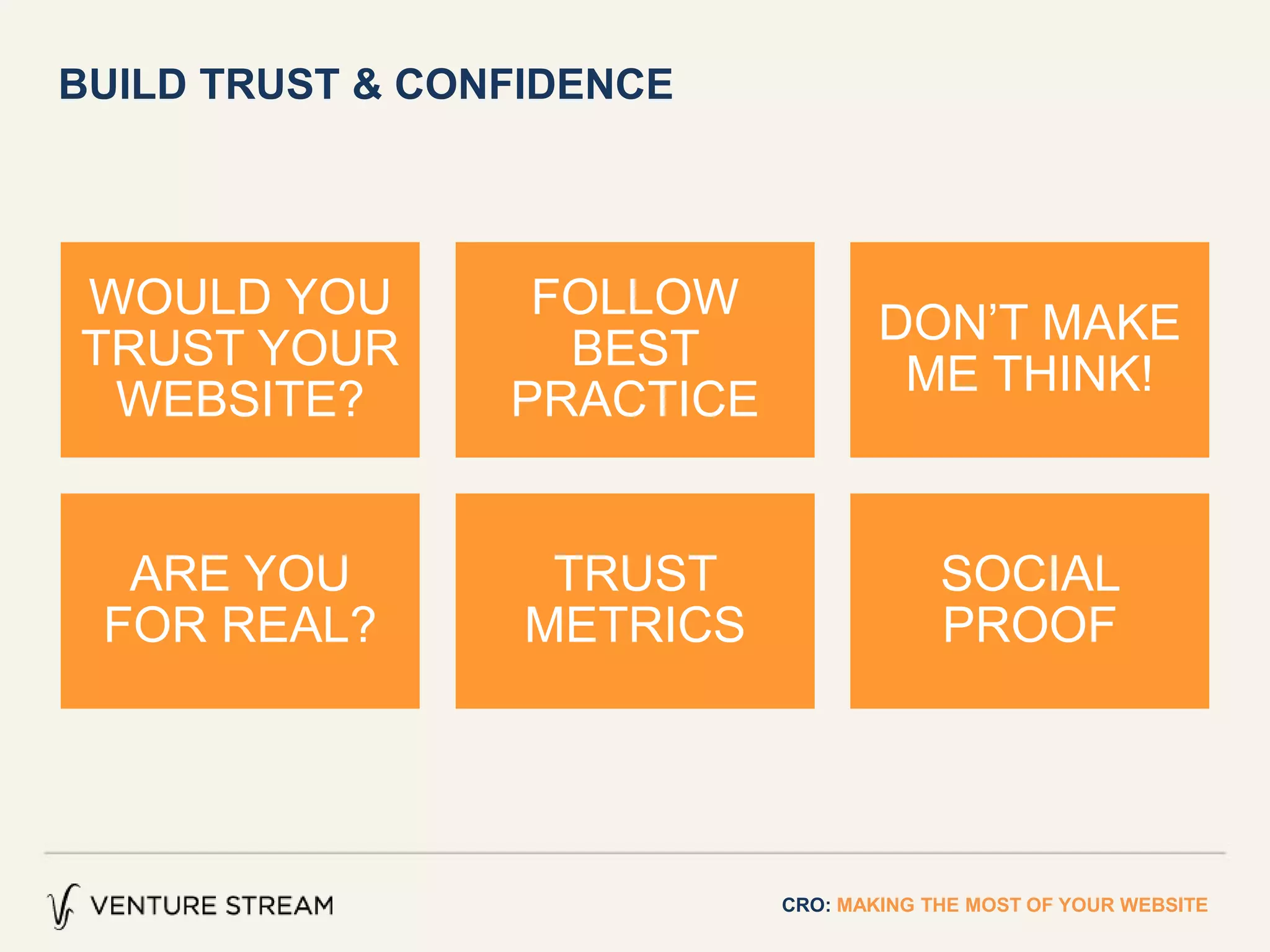 BUILD TRUST & CONFIDENCE
CRO: MAKING THE MOST OF YOUR WEBSITE
WOULD YOU
TRUST YOUR
WEBSITE?
FOLLOW
BEST
PRACTICE
DON’T MAKE
ME THINK!
ARE YOU
FOR REAL?
TRUST
METRICS
SOCIAL
PROOF
 