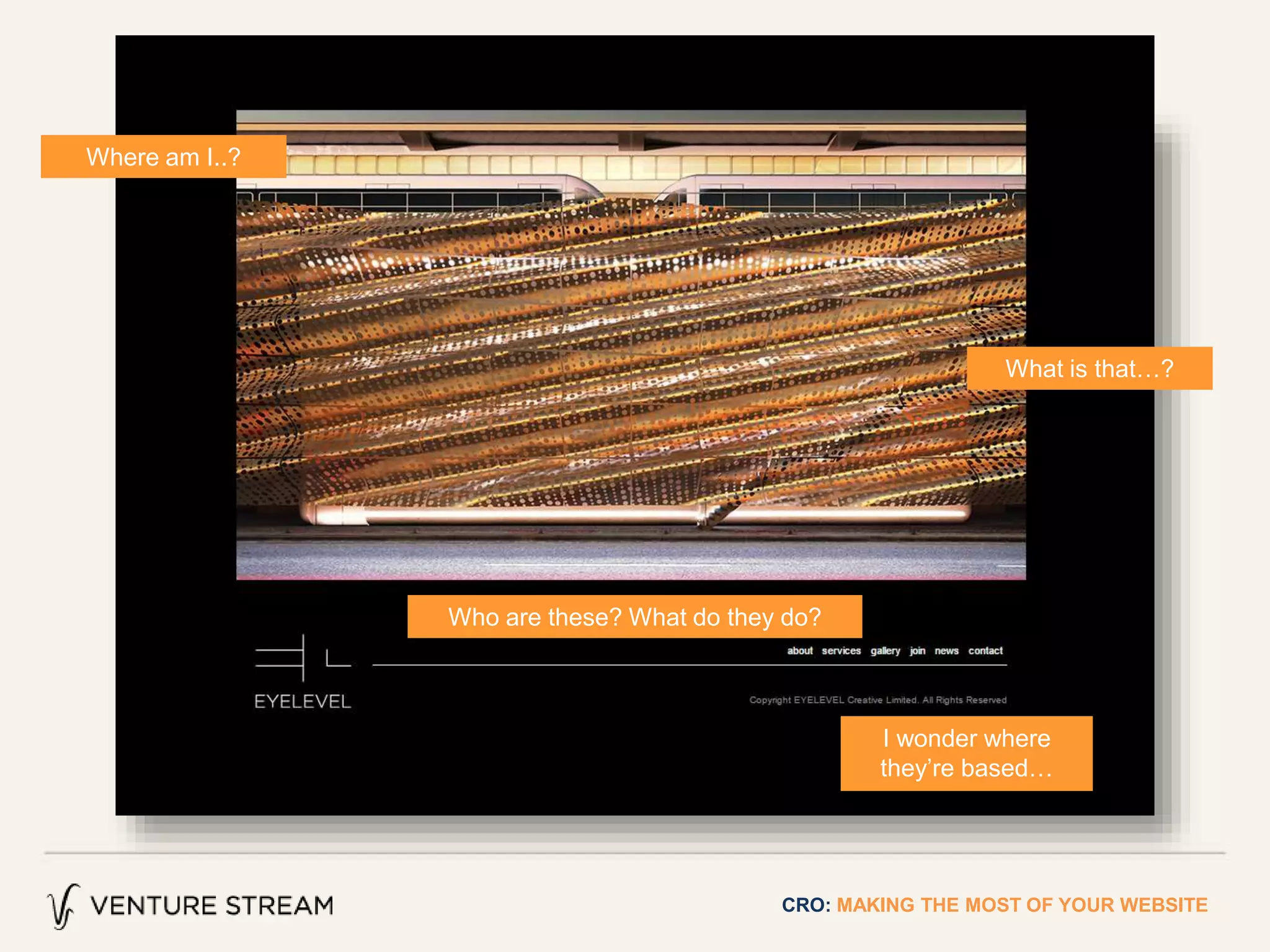 CRO: MAKING THE MOST OF YOUR WEBSITE
Where am I..?
What is that…?
Who are these? What do they do?
I wonder where
they’re based…
 