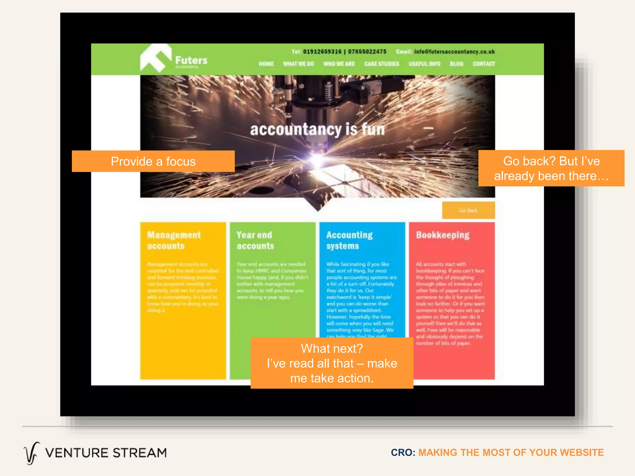 CRO: MAKING THE MOST OF YOUR WEBSITE
Go back? But I’ve
already been there…
What next?
I’ve read all that – make
me take action.
Provide a focus
 