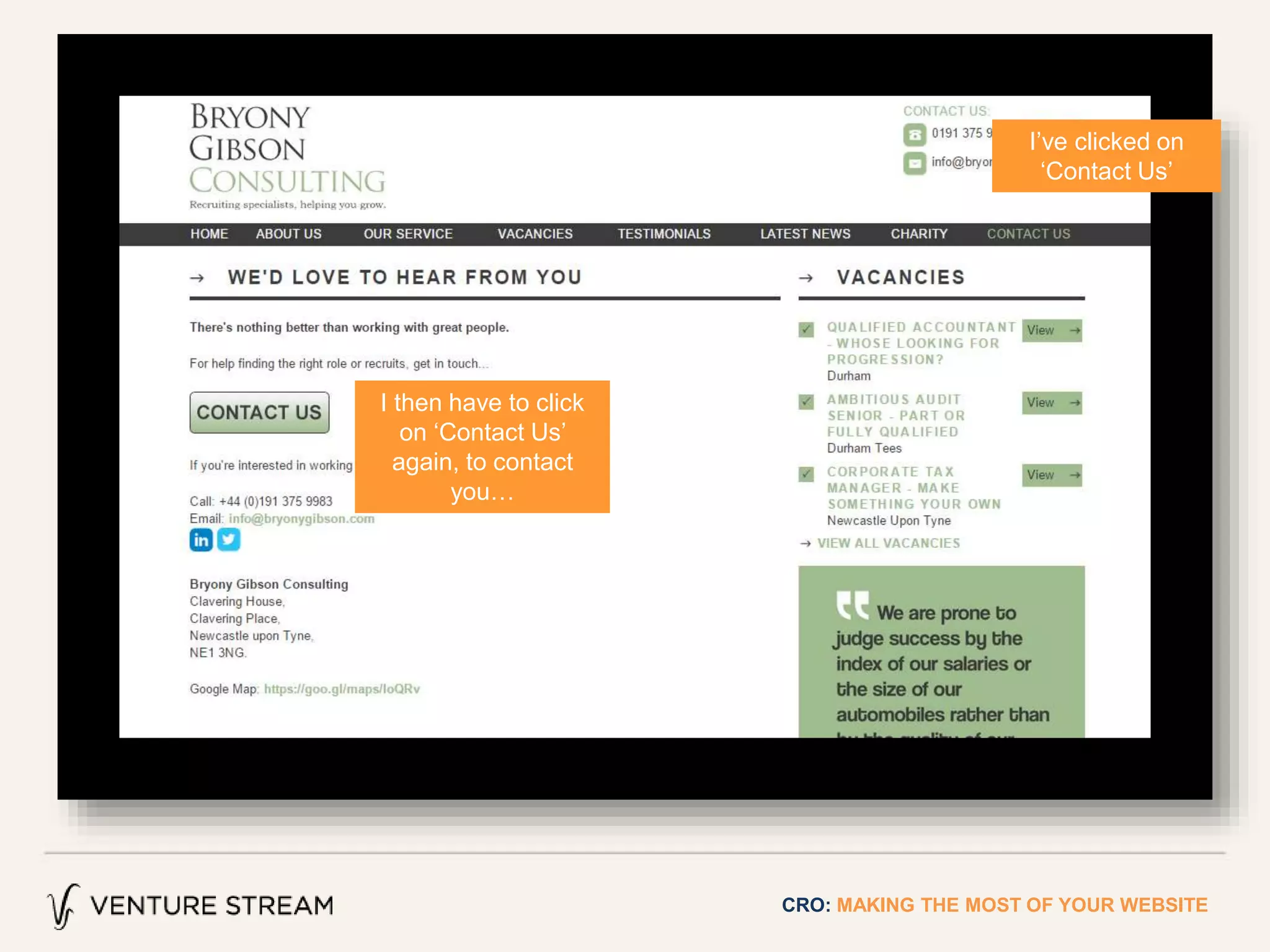 CRO: MAKING THE MOST OF YOUR WEBSITE
I’ve clicked on
‘Contact Us’
I then have to click
on ‘Contact Us’
again, to contact
you…
 