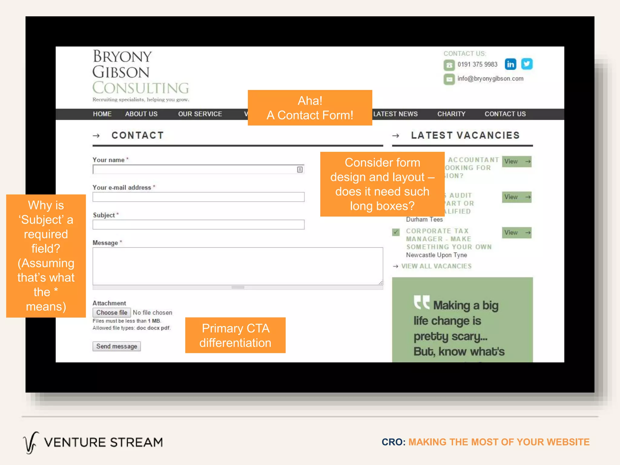 CRO: MAKING THE MOST OF YOUR WEBSITE
Aha!
A Contact Form!
Consider form
design and layout –
does it need such
long boxes?Why is
‘Subject’ a
required
field?
(Assuming
that’s what
the *
means)
Primary CTA
differentiation
 
