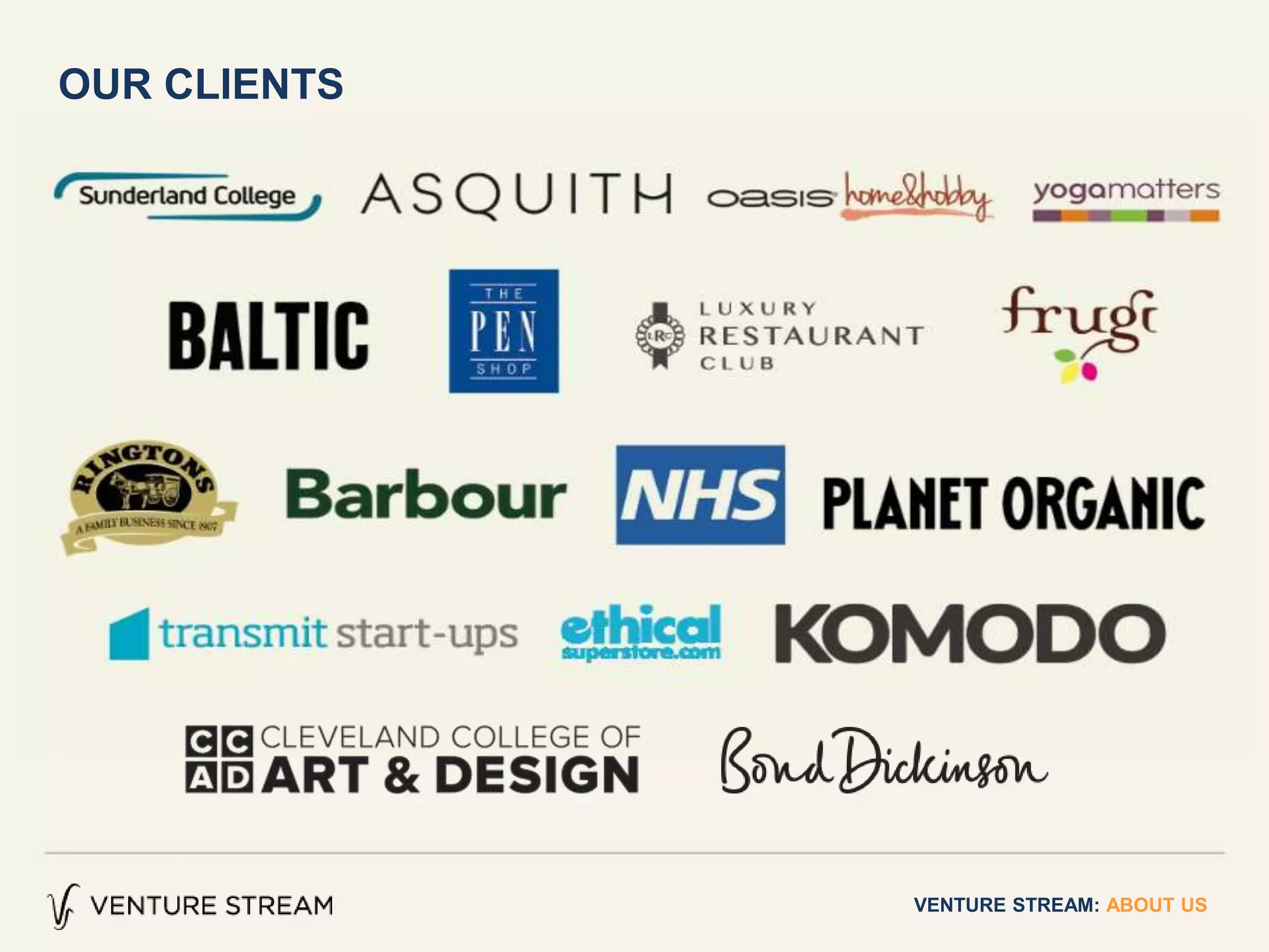 VENTURE STREAM: ABOUT US
OUR CLIENTS
 