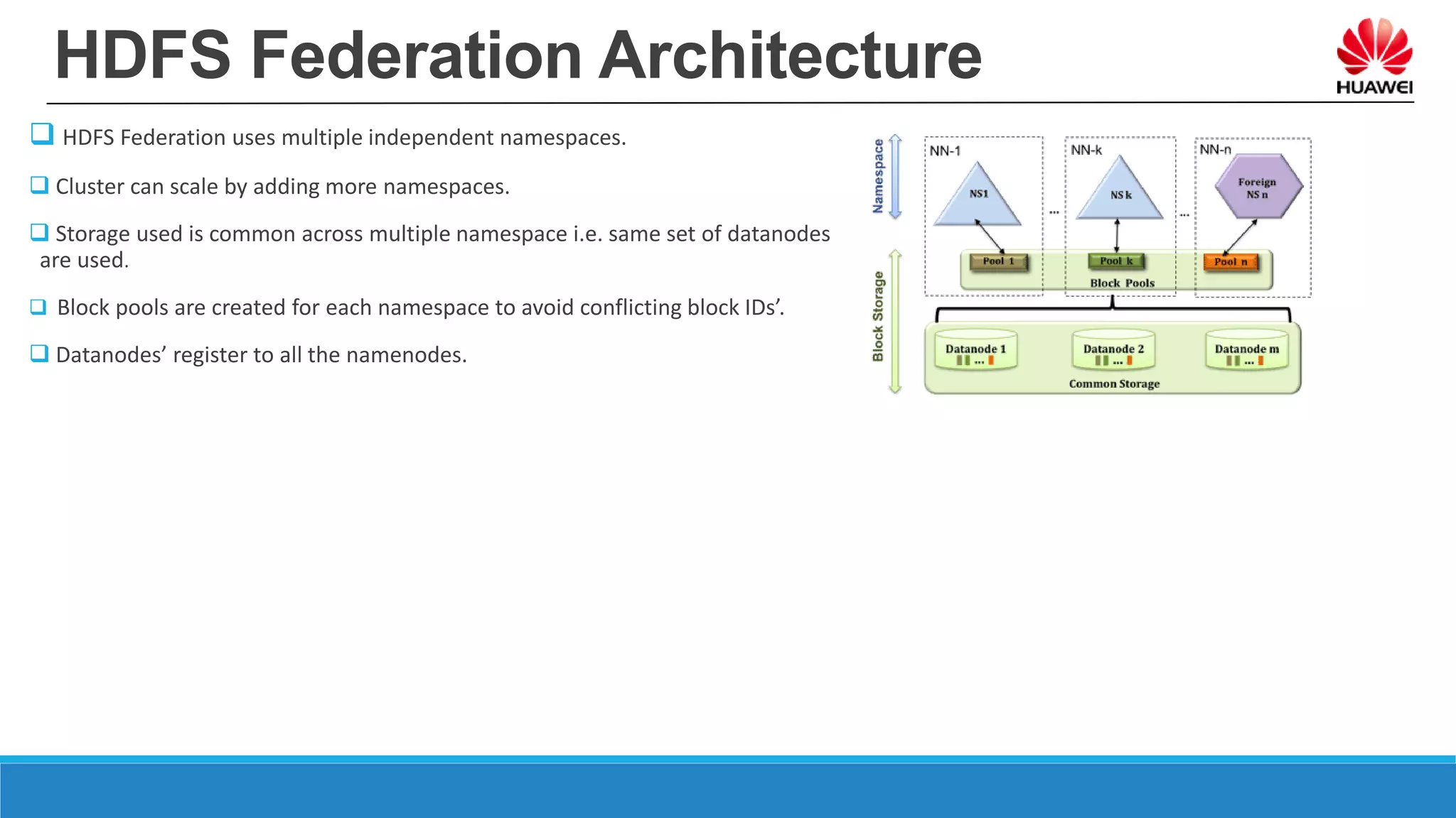 HDFS Federation Architecture
 HDFS Federation uses multiple independent namespaces.
 Cluster can scale by adding more namespaces.
 Storage used is common across multiple namespace i.e. same set of datanodes
are used.
 Block pools are created for each namespace to avoid conflicting block IDs’.
 Datanodes’ register to all the namenodes.
 